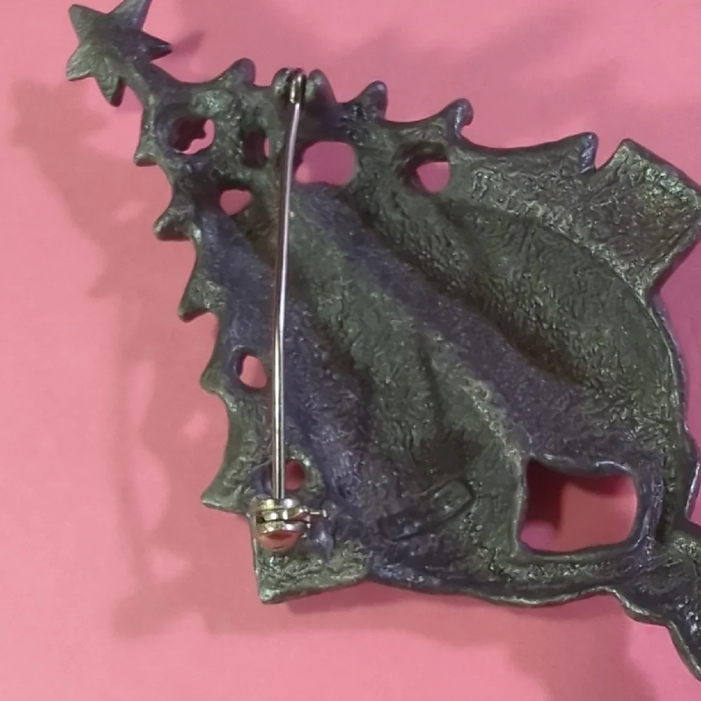 Silver Cat and Christmas Tree Brooch